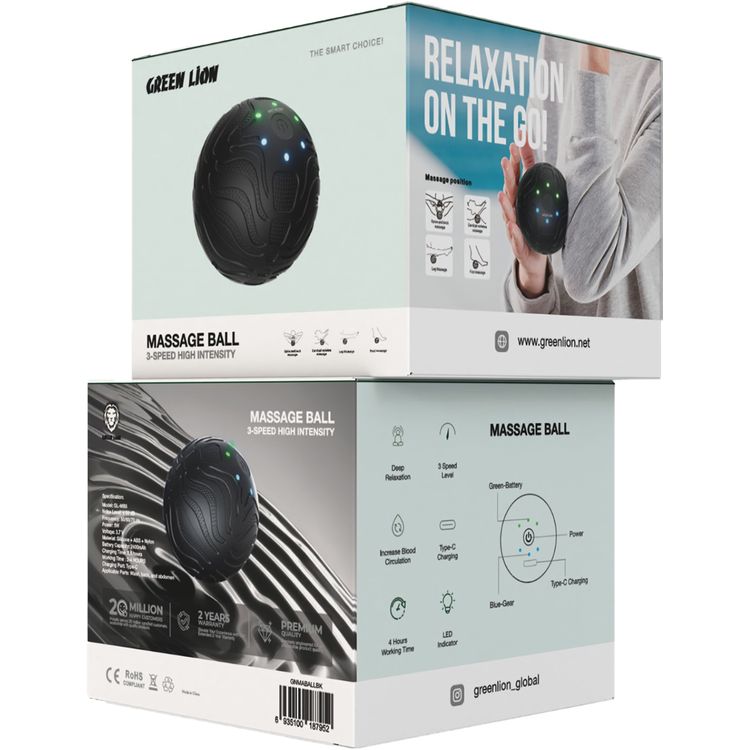 Green Lion Massager Ball with 3 Speed Levels, Up to 4 Hours Working Time, 60dB Noise Level, Type-C Charging, Blood Circulation Increase - Black