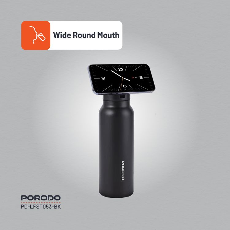 Porodo Magnetic Mount Water Bottle with Strong Magnetic Hold, Stainless Steel Material, Double-Wall Insulation, Versatile and Portable, Strong Magnetic Hold, Works with MagSafe, Wide Round Mouth - Black 