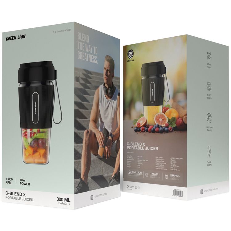 عصارة Green Lion G-Blend X المحمولة بسعة 300 مل، سعة بطارية 1500 مللي أمبير، مادة البرطمان من البولي كربونات، مادة الشفرة من الفولاذ المقاوم للصدأ، منفذ شحن من النوع C، وقت شحن 3-4 ساعات - أسود