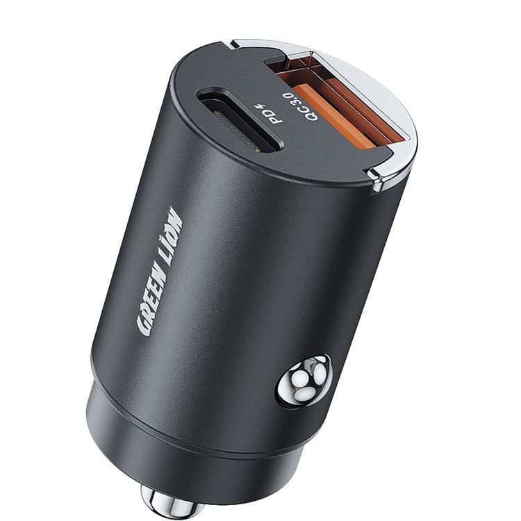 Green Lion Dual Port Car Charger, Metallic Pull Ring, USB-A & USB-C Ports, Heat Dissipation, Charging Protection, Compact Design, 15W Total Output - Black