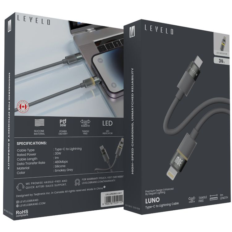 Levelo Luno USB-C to Lightning Cable with 30W Power Delivery, 1m Cable Length, 480Mbps Data Transfer Speed, Silicone Material, Tangle-Free, LED Indicator - Smokey Gray