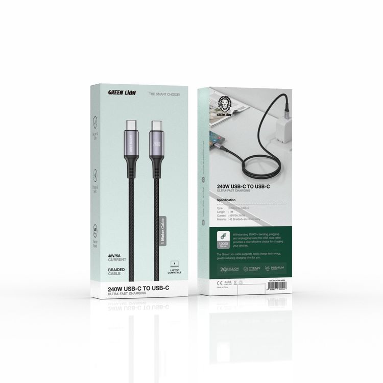 Green Lion USB-C to USB-C Cable with  1m Cable Length, Braided Cable, 240W Ultra-Fast Charging, Charge & Sync, 480 Mbps Transfer Speed, Secure & Safe - Black 