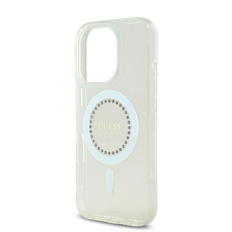 GUESS MagSafe IML Hard Case with Rhinestones Design for iPhone 16 Pro Max, Easy Snap-On, Drop Protection, Slim Profile - White
