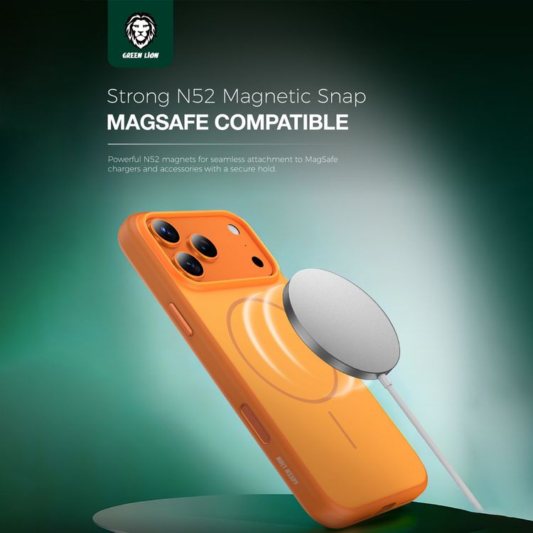 جراب Green Lion Patric MagSafe بلمسة نهائية مات ممتاز لهاتف iPhone 17 Pro Max، حماية من السقوط والكاميرا، قبضة مريحة، مضاد للاصفرار - برتقالي