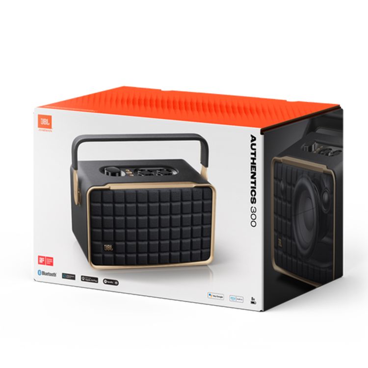 مكبر صوت منزلي ذكي محمول JBL Authentics 300 مزود بشبكة Wi-Fi ومساعد صوتي ومدة تشغيل موسيقى تصل إلى 8 ساعات وبلوتوث 5.3 وبطارية ليثيوم أيون 4800 مللي أمبير في الساعة ومدة شحن 3.5 ساعة - أسود 