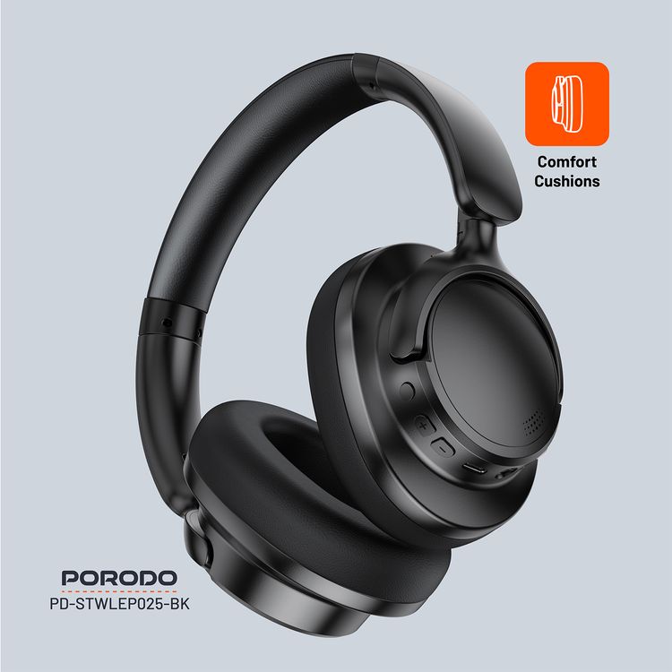 Porodo Soundtec Zen Active Hybrid Headphone with Noise Cancelling Technology, 30 Hours Play Time, Type-C Charging Port, 2 Hours Recharge Time, Comfortable Cushions - Black