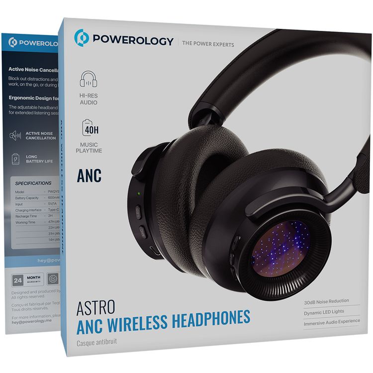Powerology Astro ANC Wireless Headphones with Up to 40 Hours Play Time, Wireless & Wired Modes, Bluetooth Version 5.4, Customizable LED Lights, 600mAh Battery, Ergonomic Design, 95 Hours Standby Time, 40mm Driver Size - Black