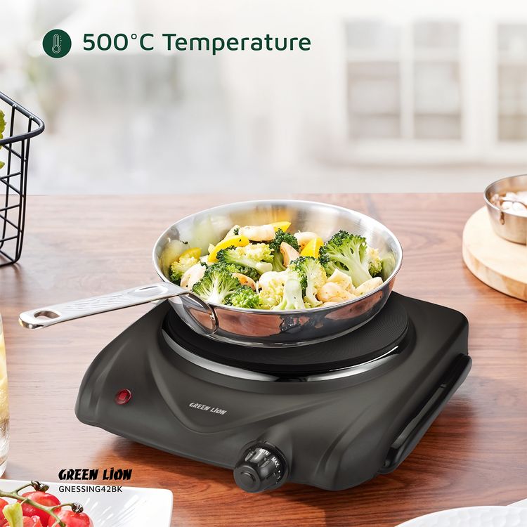 Green Lion Electric Stove with Single Hot Plate, 6 Heating Levels, Anti-Slip Base, Power Indicator, Easy-to-Clean Design, Thermostat Control, Iron & Plastic Material, 50-500° C Temperature Range, 70cm BS Plug - Black
