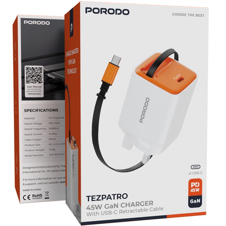 Porodo Tezpatro 45W GaN Charger with USB-C Retractable Cable, 1A Rated Current, 45W Power Delivery, 80cm Cable Length, Flame-Retardant Housing, Fast Charge Support - White / Orange