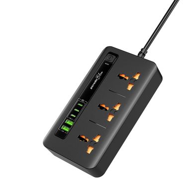 لوحة طاقة Porodo Blue متعددة المنافذ مع ×2 USB-A و×3 USB-C، 3 منافذ طاقة AC، قدرة طاقة مقدرة 3000 واط، طول الكابل 2 متر، توافق عالمي - أسود