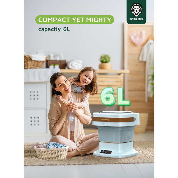 Green Lion Portable 6L Washing Machine, UK Plug, Compact & Portable, 36W Power, Drain Function, 3 Working Modes, One Touch Start - Blue