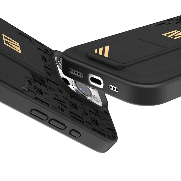 حافظة Levelo Morphix Gripstand مع حامل بطاقات لهاتف iPhone 16 Pro، حامل بطاقات مدمج، زوايا مقاومة للصدمات، ملمس نحيف بدون غطاء، حافة كاميرا مرتفعة، مادة فائقة المتانة - أسود