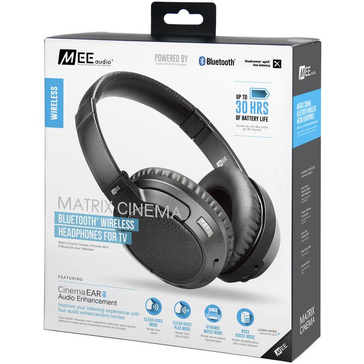 MEE Audio Matrix Cinema Wireless Headphones with Built-in Microphone and Control Buttons, Ultra-soft Memory Foam Ear Cushions, Four Audio Enhancement, aptX Low Latency Support, 40 mm High-resolution Dynamic Driver, Up to 30 Hours Playtime, Clear Voice Plus Mode - Black