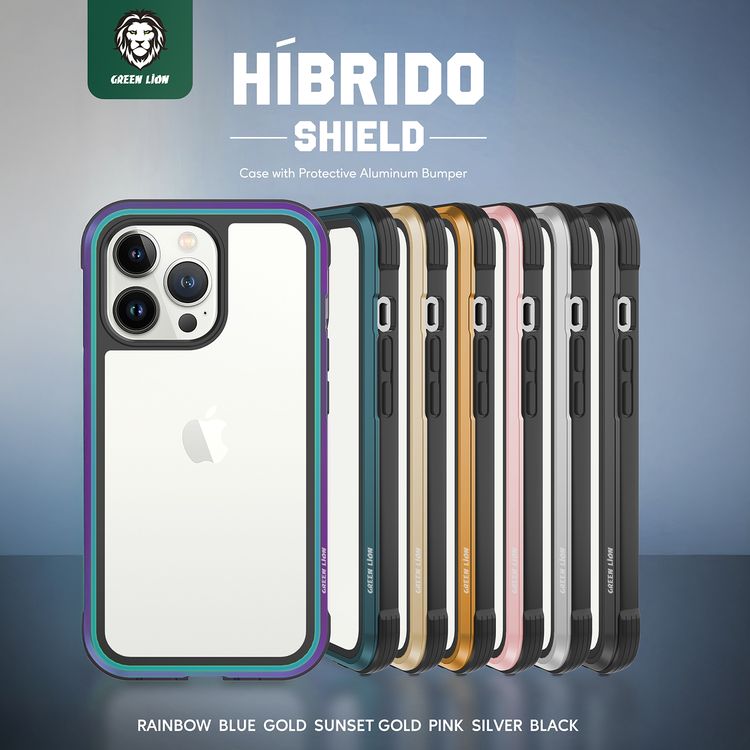 Green Lion Hibrido Shield Case with Protective Aluminum Bumper for iPhone 13 Pro, 360° Protection, Shock Absorption, Anti-Fingerprint, Raised Lip Design, Anti-Yellowing - Rainbow