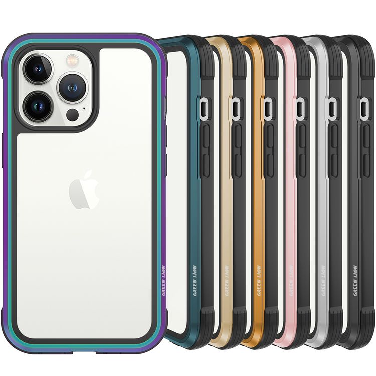 Green Lion Hibrido Shield Case with Protective Aluminum Bumper for iPhone 13 Pro, 360° Protection, Shock Absorption, Anti-Fingerprint, Raised Lip Design, Anti-Yellowing - Rainbow
