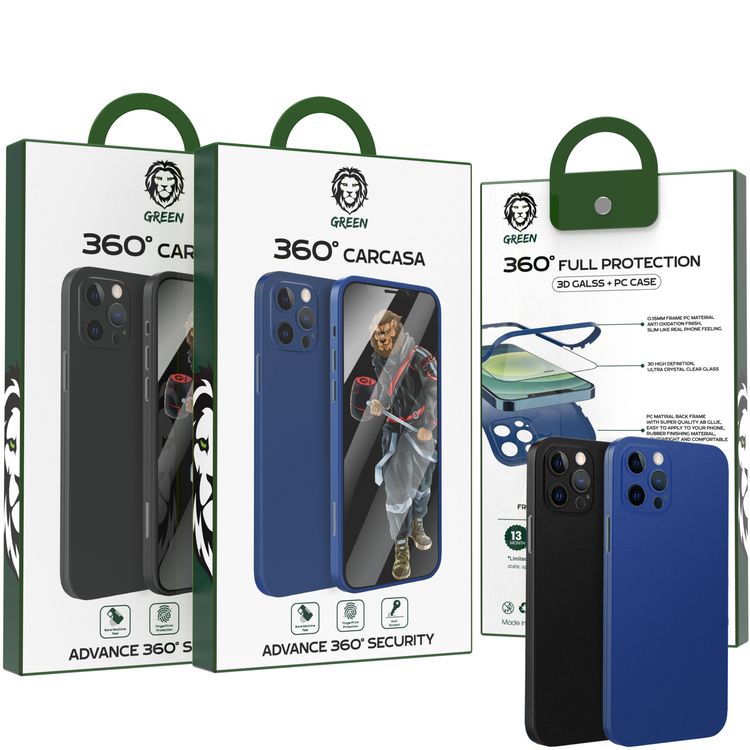 Green Lion 360° Carcasa 3D Glass + PC Case for iPhone 12 / 12 Pro ( 6.1 " ), 360 Full Protection, Ultra-Thin Cover, Scratch Resistant, Shatterproof, Easy Access to All Ports - Sea Blue