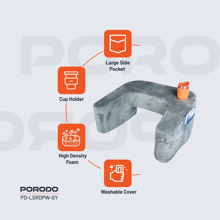 Porodo Lifestyle Laptop Desk Pillow with Large Side Pocket, Washable Cover, Cup Holder, High Density Foam - Gray