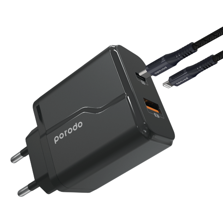 Porodo Dual Port Wall Charger PD 20W + QC 3.0, Braided Type-C to Lightning PD Cable 1.2m, Built-in Protective Mechanism & Fire Retardant Material