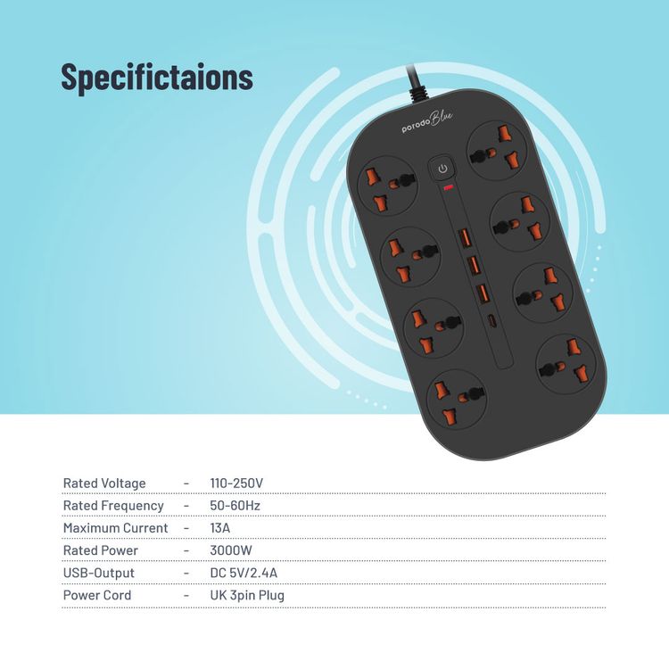 Porodo 8AC Universal Power Strip with Premium Materials, Safety Shutters, 13A Maximum Current, 3m Cable Length - Black