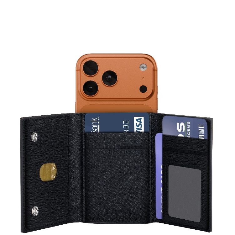 Levelo Mitte 8-in-1 MagSafe Cardholder Wallet with 17 Integrated Strong Magnets, 8 Card Slots, Saffiano Leather Material, Foldable Design - Black