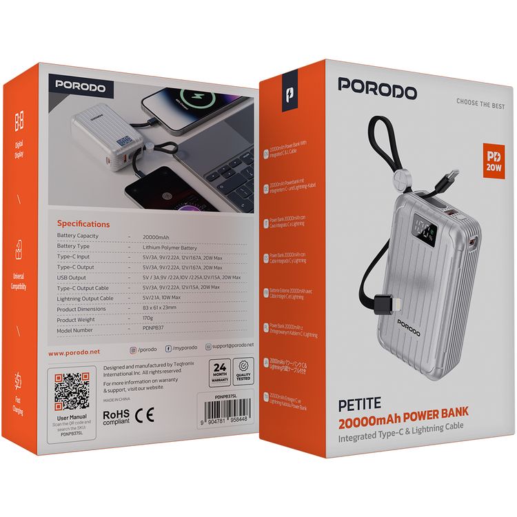 Porodo Petite 20000mAh Power Bank with Integrated Type-C & Lightning Cable, PD 20W, USB-A & USB-C Ports, Fast Charge Support, Digital Display, Universal Compatibility - Silver