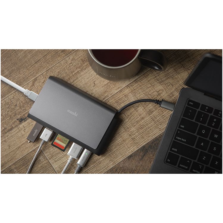 Moshi MSHI-L-084275 Symbus Mini 7-in-1 portable USB-C hub, HDMI with 4KHDR, 70W Power Delivery, USB-C/2 USB-A 5Gbps Data, microSD/SD Card Reader - Space Grey