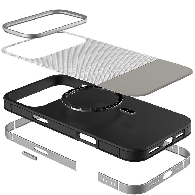 Levelo Cuir Leather Hybrid Case with Comfortable Grip for iPhone 17 Pro Max, Strong Magnets & MagSafe Compatible, Shock-Resistant Bumper, Aluminum Alloy Frame for Camera & Buttons, Drop-Tested - Silverstone