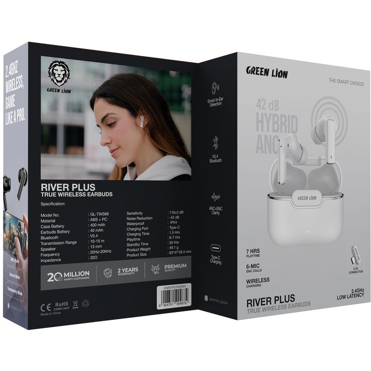 Green Lion River Plus True Wireless Earbuds with ANC + ENC Clarity, 2.4G Connector Included, Up to 7 Hours of Playtime, Smart in-Ear Detection, Bluetooth Version 5.4, -42dB Noise Reduction, 35 Hours Standby Time - White