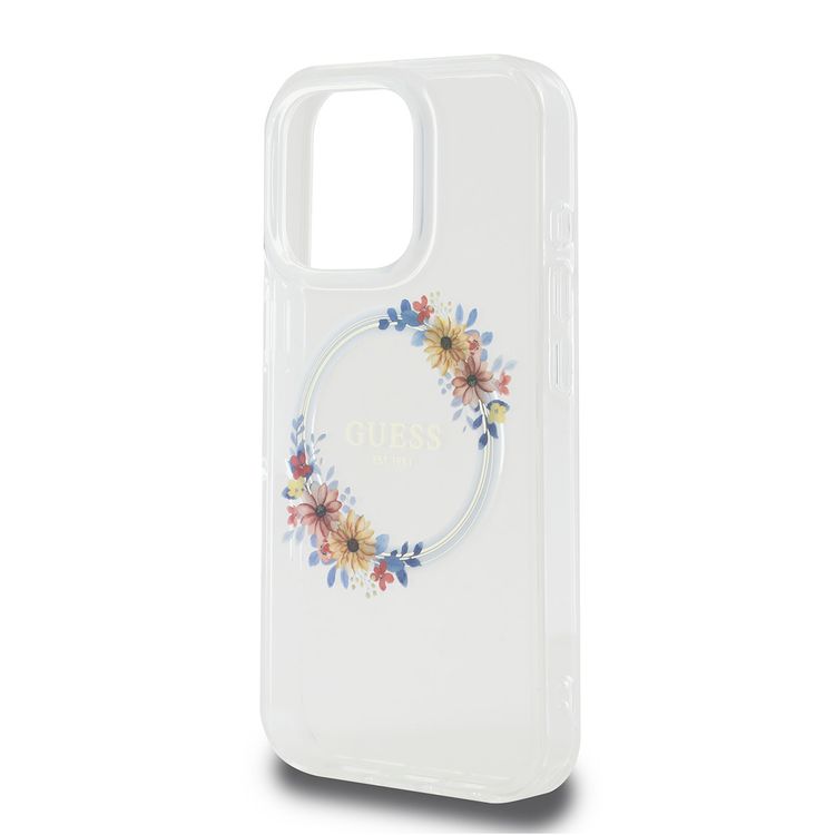 Guess Magsafe IML Hard Case with Flower Wreath Design for iPhone 16 Pro Max, Lightweight, Comfortable and Secure Grip, High Quality Material - Transparent