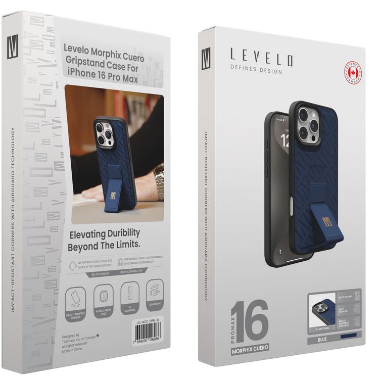 كفر حماية ليفيلو مورفيكس كويرو بمسند لهاتف آيفون 16 برو ماكس، قبضة مدمجة، سهل التركيب، زوايا مقاومة للصدمات - أزرق