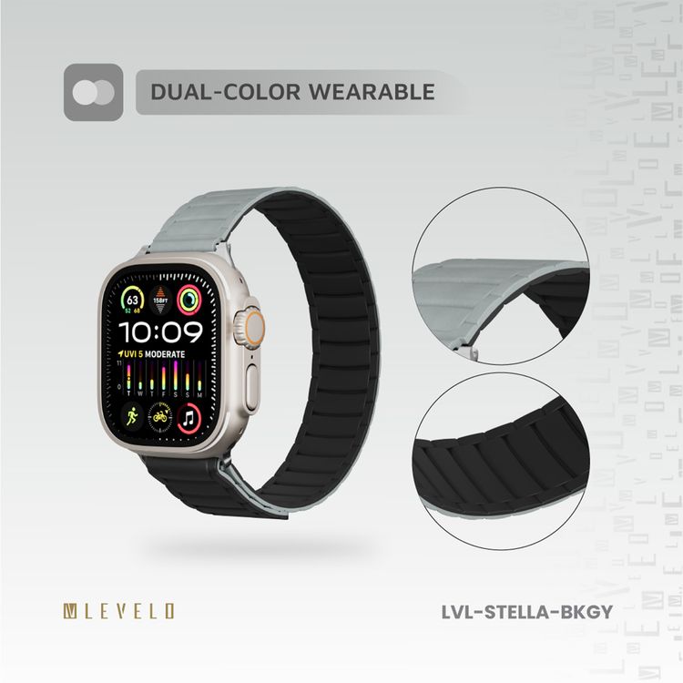 شريط ساعة Levelo Stella سيليكون مع مغناطيس، متوافق مع الساعات الذكية 49/46 ملم و Apple Watch SE، السلسلة 9، 8، 7، 6، 5، قابل للارتداء بلونين، مصنوع من مادة مضادة للحساسية، سهل التركيب، مقاوم للعرق، مقاوم للماء - أسود / رمادي.
