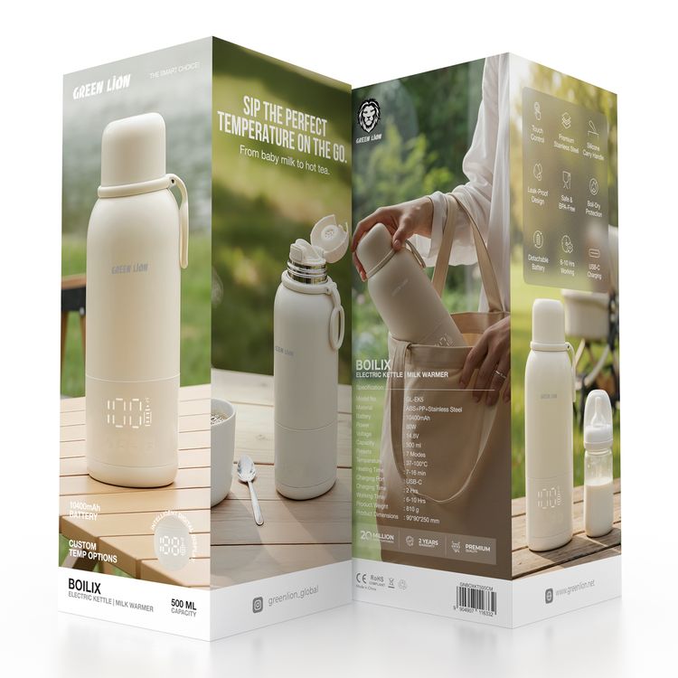 Green Lion Boilix Electric Kettle & Milk Warmer with Boil-Dry Protection, Touch Control, Premium Stainless Steel, Silicone Carry Handle, Leak-Proof Design, Safe & BPA-Free, Detachable Battery, Custom Temp Options, Intelligent Digital Display - Cream