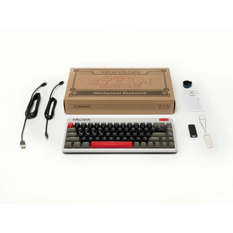 Durgod Fusion Wireless Mechanical Keyboard 65% Layout Doubleshot PBCherry Profile, Bluetooth 5.0, compatibility with Mac & Windows, USB Type C, Red Switch - Gray/Black/Red