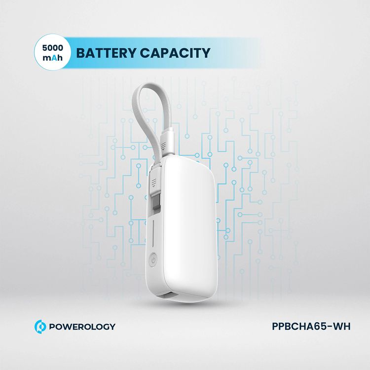 بنك طاقة Powerology بسعة 5000 مللي أمبير في الساعة مع سلك USB-C قابل للإزالة، وتقنية شحن متقدمة، وشحن لجهازين، وصغير الحجم وقابل للحمل، مع حماية مدمجة، وتوصيل طاقة بقوة 20 وات - أبيض