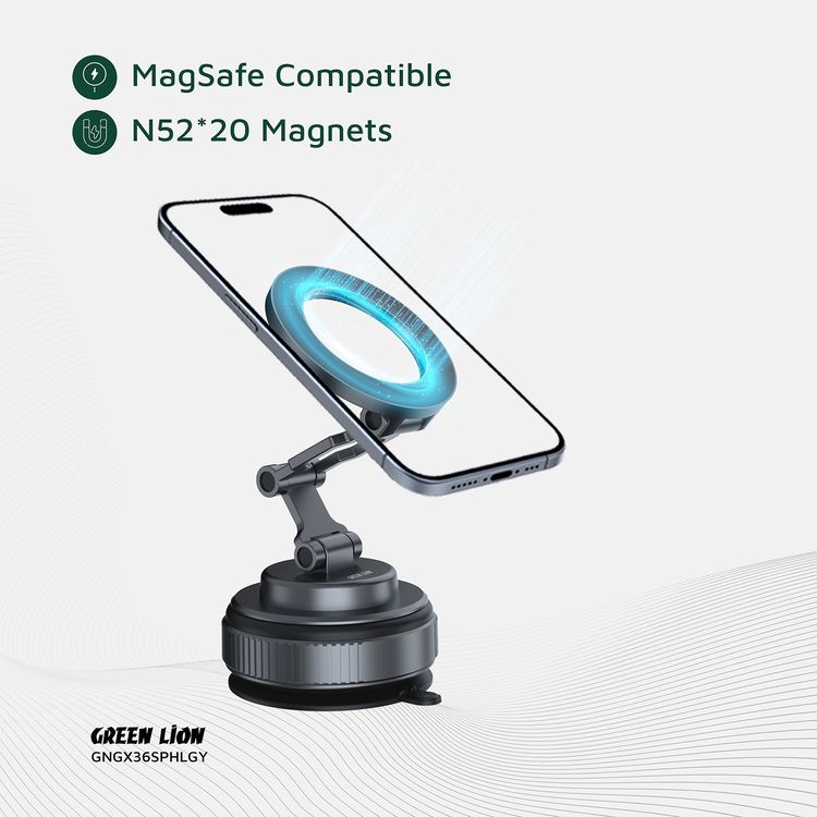 Green Lion GX-36 Suction Phone Holder with Strong Suction Cup, Manual Rotary Base, Foldable Design, 3-AXIS Adjustment, 360° Rotation,  20 × N52 Magnets, 1.5kg Adsorption Force - Gray