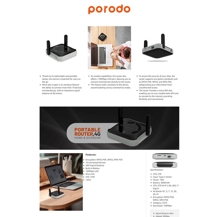 Porodo Home & Outdoor Portable Router 4G & LTE, 40m Signal Distance, 12 Hours Working Time, Up-to 10 Devices Connection Ability, 100Mbps LAN, Built-in Battery, Micro SIM, CPE & MiFi, CAT4 Category, 150Mbps Download Rates & 50Mbps Upload Rates - Black