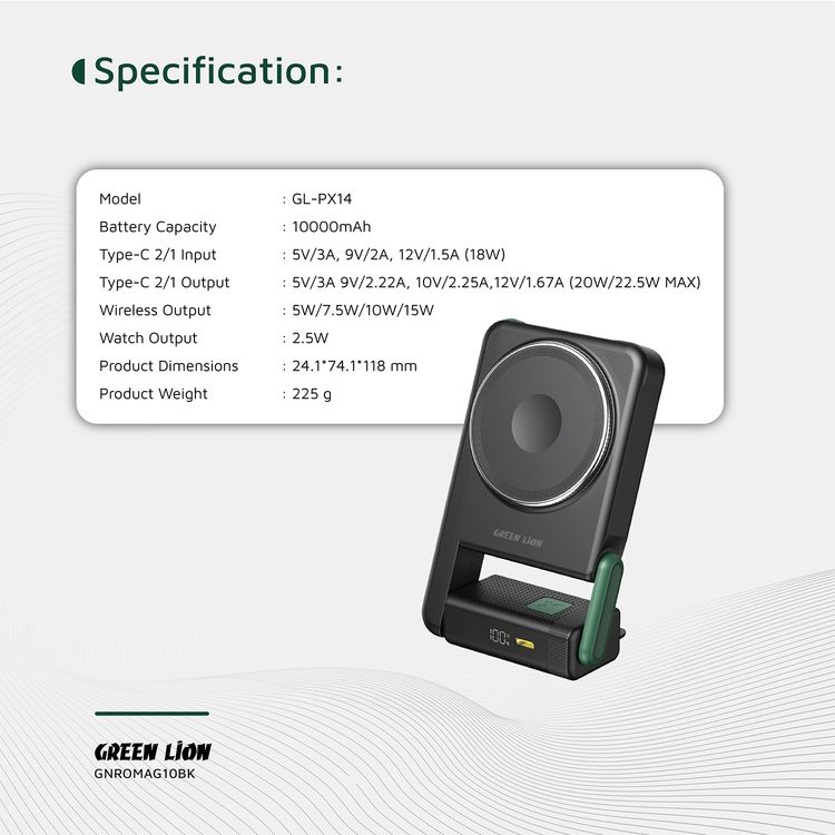 Green Lion Rotex MagSafe 10000mAh Power Bank, iWatch Charging, Rotating Bracket, Wireless Charging, Digital Display, Compact & Lightweight, PD 22.5W - Black