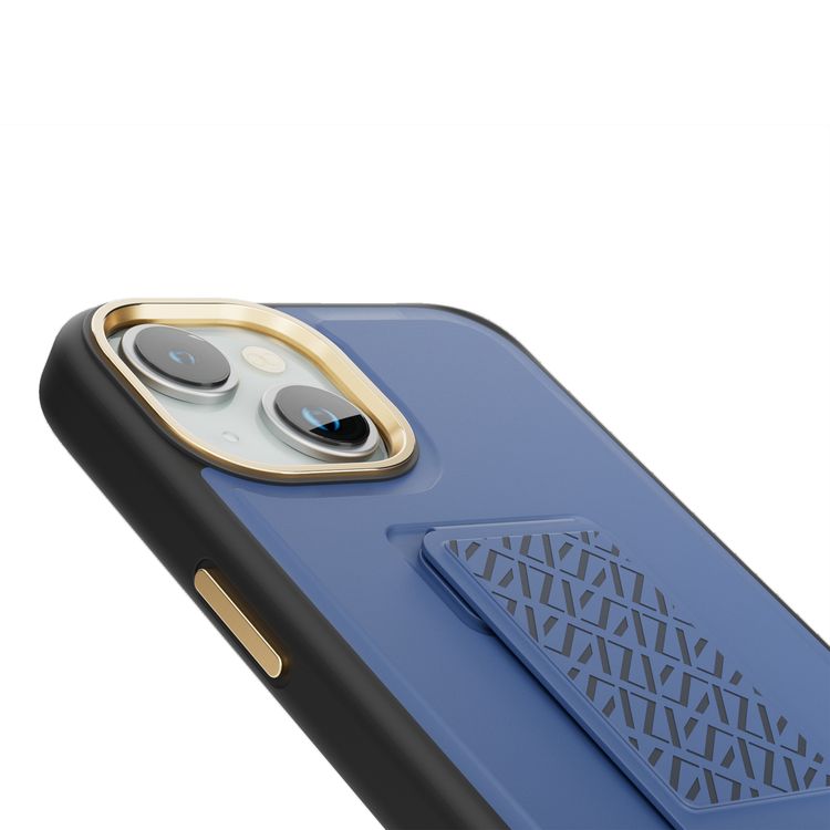 جراب Levelo Morphix Cuero Gripstand لهاتف iPhone 15 مع حامل بطاقات، أوضاع متعددة، جلد PU، حواف مقاومة للصدمات - أزرق