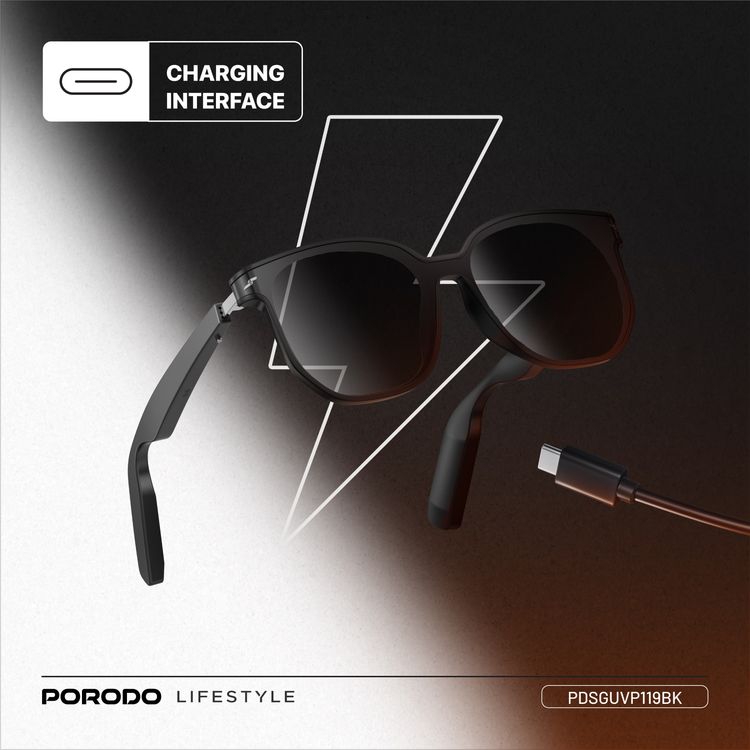 Porodo Lifestyle Optix Smart Glasses with Audio, Built-in Microphone, 6 Hours Playtime, Type-C Charging Interface, UV400 Protection, Bluetooth Version 5.3, 10m Transmission Range, 2x 110mAh Battery Capacity, Touch Control, Dual Stereo Speakers, Hi-Fi Sound Quality - Black
