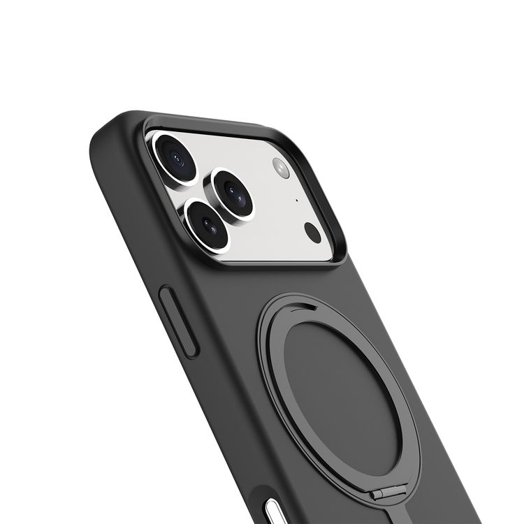 Levelo Iris Pro MagSafe Liquid Silicone Case with Built-in 360° Kickstand for iPhone 17 Pro, Metal Accents, Shock-Resistant Bumper, Aluminum Alloy Frame for Camera & Buttons, Drop-Tested, Strong Magnets, Premium Silicone Grip - Black