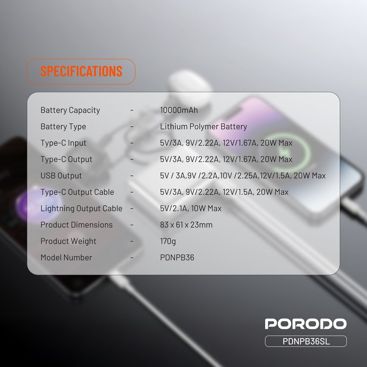Porodo Petite 10000mAh Power Bank with Integrated Type-C & Lightning Cable, PD 20W, USB-A & USB-C Ports, Fast Charge Support, Digital Display, Universal Compatibility - Silver