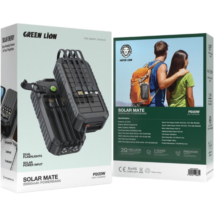 Green Lion Solar Mate Power Bank, ABS + PC + Fireproof V0 Material, 20000mAh Battery Capacity, 4 Built-in Cables, Dual Flashlights - Black
