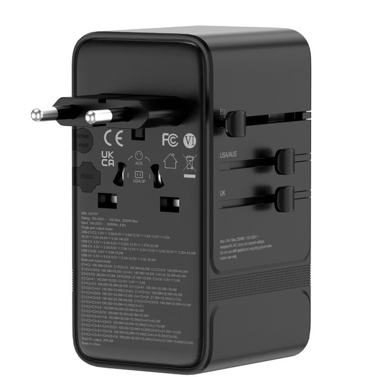 Powerology Spetrova GaN Multi-Port Universal Adapter, USA, AU, UK & EU Supported Plugs, 2500W Rated Power, Heat-Resistant Housing, Fast Charge Support, 1 × USB-A & 6 × USB-C Ports, 205W Total DC Output - Black
