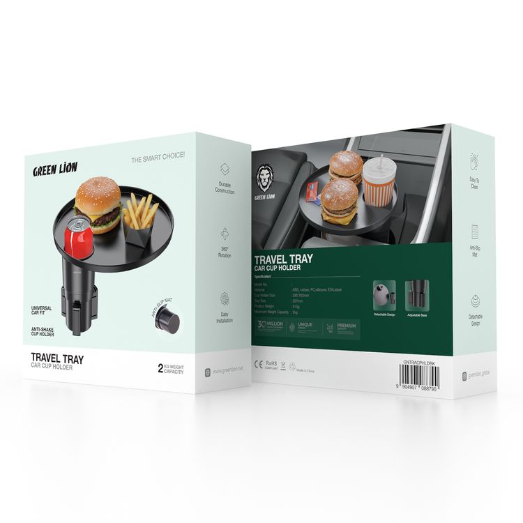 Green Lion Travel Tray Car Cup Holder with Durable Construction, Easy Installation, Anti-Slip Mat, Detachable Design, Easy to Clean, Adjustable Base, Universal Car Fit, Anti-Shake Cup Holder, 360° Rotation, 2kg Maximum Weight Capacity - Black