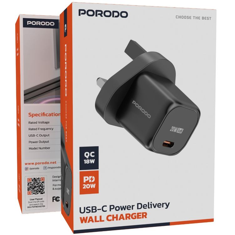 Porodo PD 20W UK Wall Charger with Over-Heat Protection, Universal Compatibility, Reliable Companion, Fast Charging, Lightweight & Portable - Black 