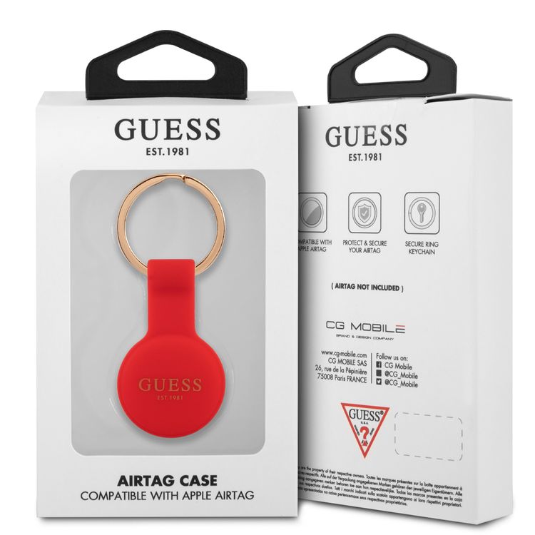 CG MOBILE Guess Silicone Classic Logo Case with Keychain Compatible for Airtag, Portable Protective Skin Cover, Anti-Lost Holder with Key Ring Suitable for AirTag Bluetooth Tracker, Easy to Attach Keys, Backpacks, Liner Bags Officially Licensed - White Red