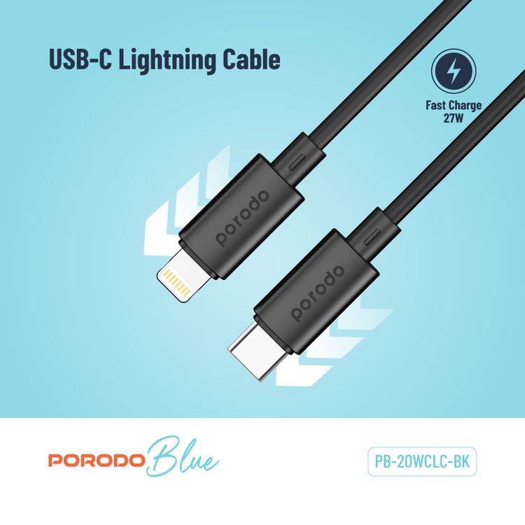 Porodo USB-C To Lightning Cable with Universal Compatibility, Fast Charging & Data Transfer, Flexible Material, 1.2m Cable Length - Black