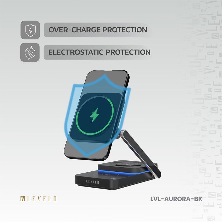 Levelo Aurora 3-in-1 Wireless Charger with Strong Magnetic Force, 90° Rotation, 15W Fast Charging, Auto Detecting Object, Overcharge Protection - Black