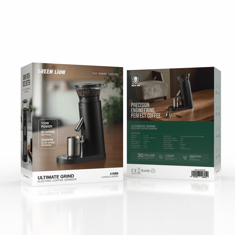 Green Lion Ultimate Grind Electric Coffee Grinder with Dual-Size Portafilter Cradle, 25-35 Grinds on Full Charge, 2×2600mAh Battery, 110W Power, 41mm Precision Burr Grinder with 200RPM Speed & 60 Settings, 130g Bean Hopper, Digital Touch Control – Black