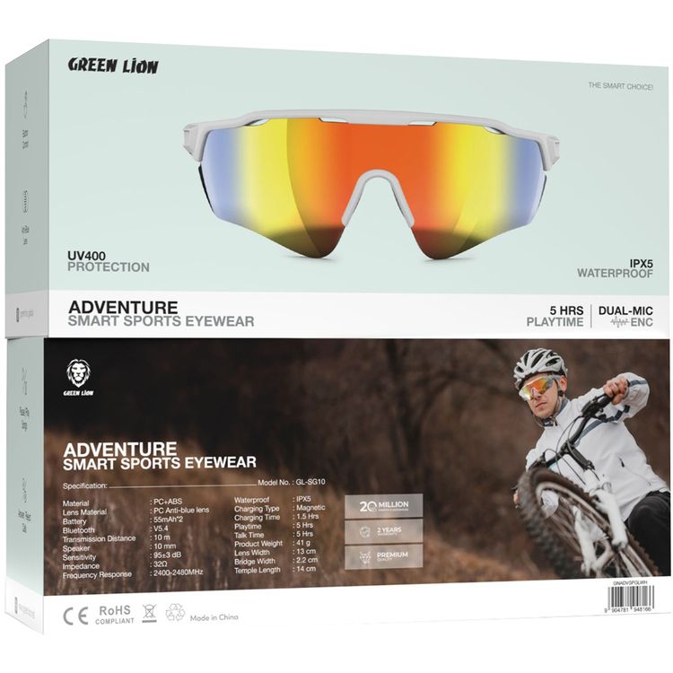 نظارات رياضية ذكية بالمغامرة من جرين ليون مع إطار مهوّى، ميكروفون مزدوج، وقت تشغيل 5 ساعات، كاميرا عن بُعد، شحن مغناطيسي، إصدار بلوتوث V5.4 - أبيض